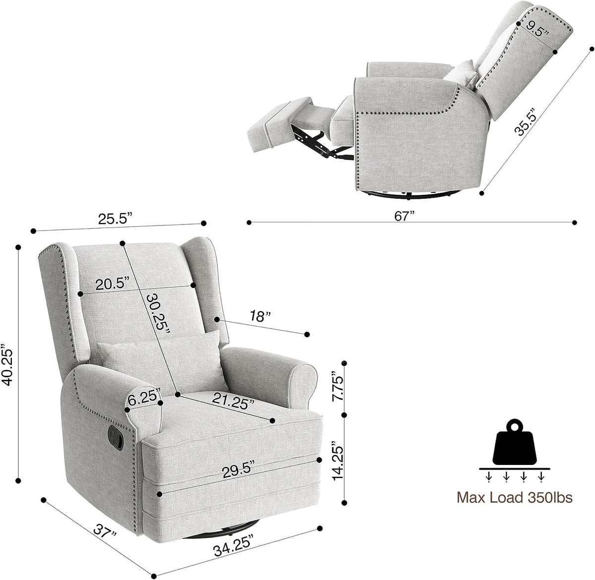 Royalcraft Swivel Nursery Glider Recliner. Comfy Upholstered Glider Chair with Lumbar Pillow and Footrest. Beige