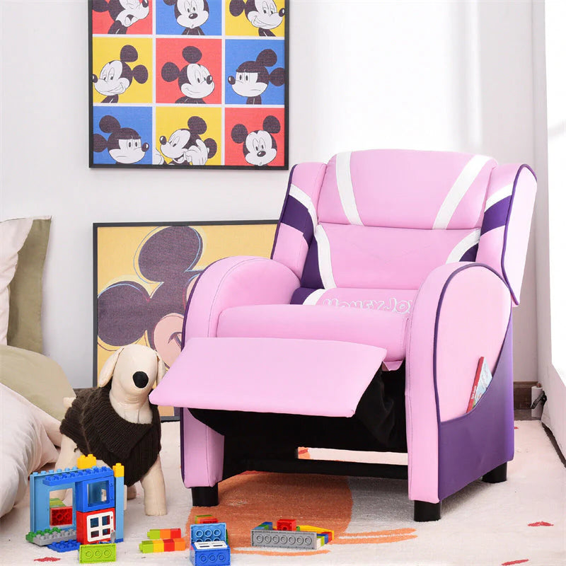 Kids Recliner Chair. Adjustable PU Leather Gaming Sofa with Footrest. Lumbar Support & Side Pockets. Ergonomic Children Lounge Armchair