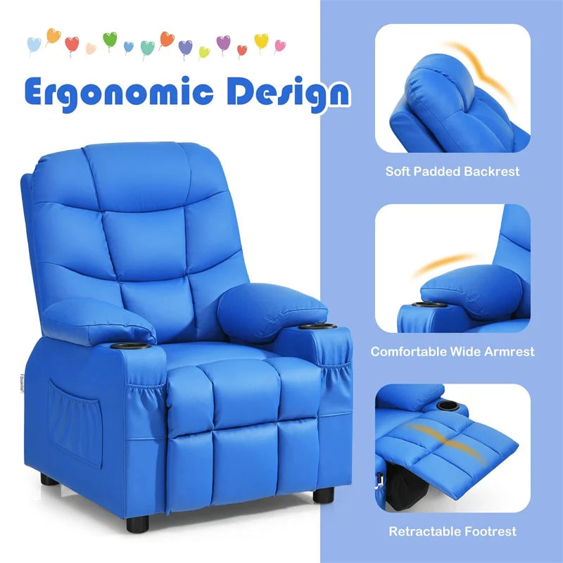 Kids Recliner Chair PU Leather Adjustable Lounge Sofa with Cup Holder. 3 Pockets & Retractable Footrest. Ergonomic Toddler Furniture Sofa