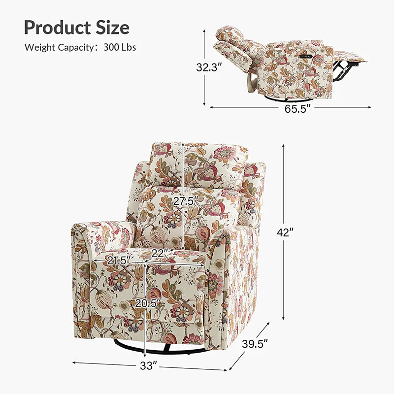 Alois Large Floral Swivel And Rocker Power Recliner With Adjustable Headrest