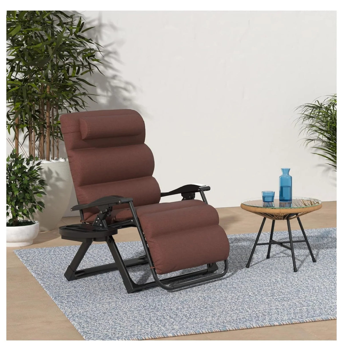 Oversized Chair. Folding Outdoor Patio Recliner. XL Anti Gravity Lounger W/Removable Cushion. Cup Holder. Side Tray. 350 lb Capacity - Taupe