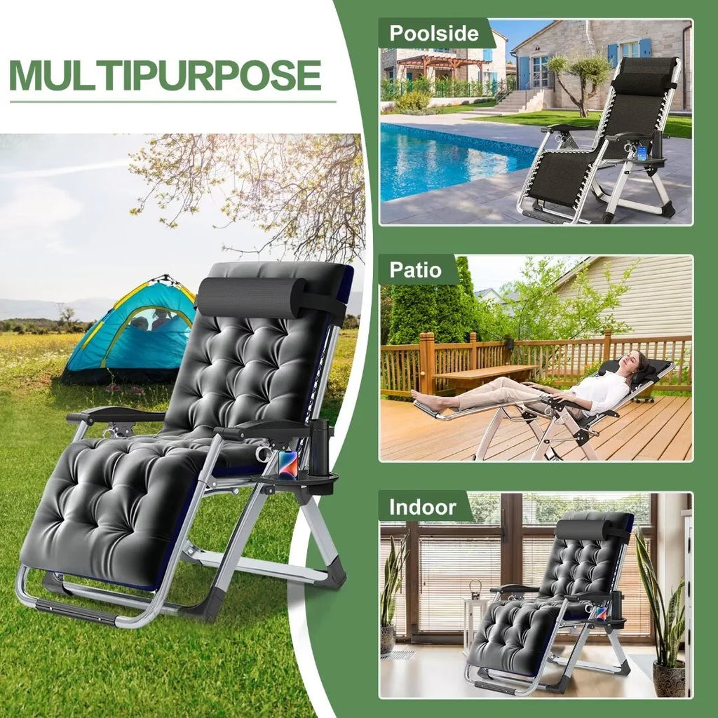 NAIZEA 2 Pack Zero Gravity Chair. Foldable Portable Lawn Recliner with Cushion. Headrest. Cup Holder. Black