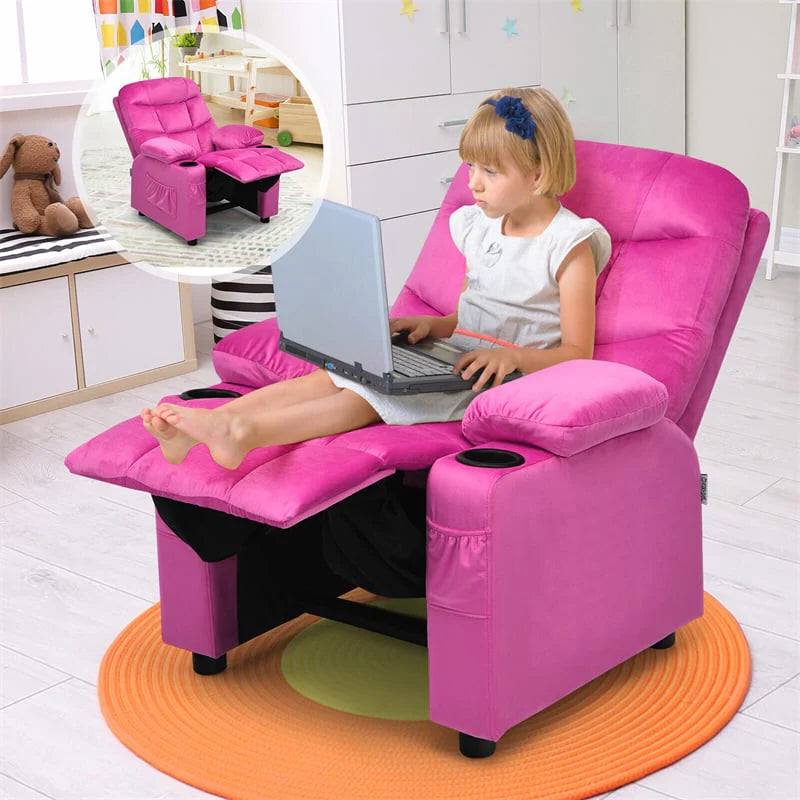 Kids Recliner Chair Adjustable Velvet Lounge Sofa with Cup Holders. 3 Pockets. Retractable Footrest. Toddler Furniture Sofa for Boys Girls Room