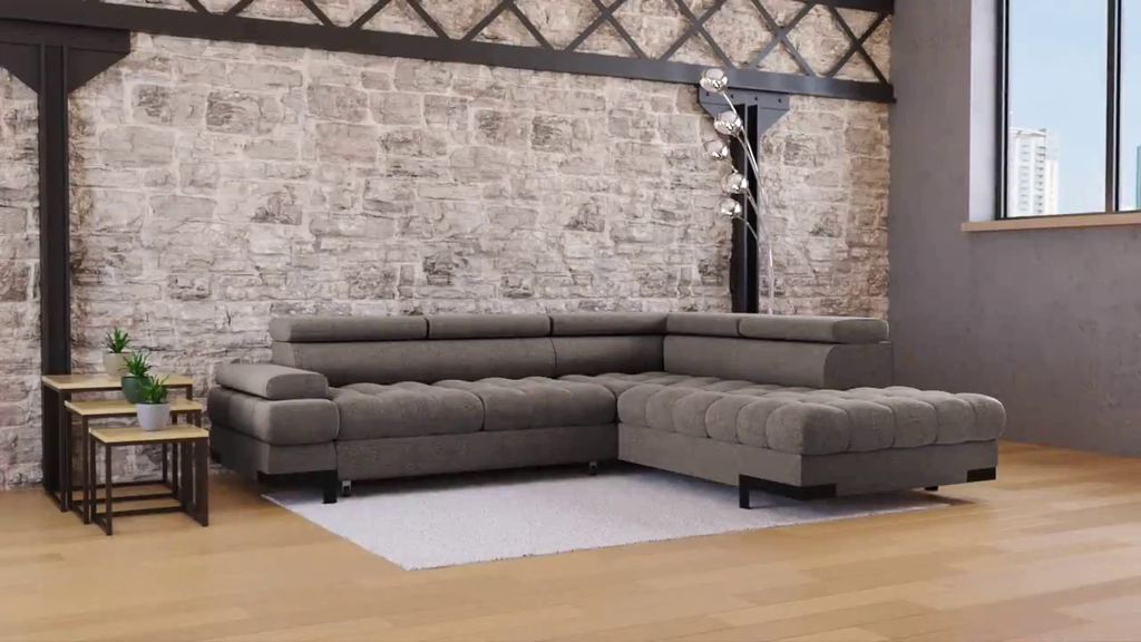 Canapé d'angle gauche/droite convertible SELVA 4 pl Tissu taupe Coffre de rangement