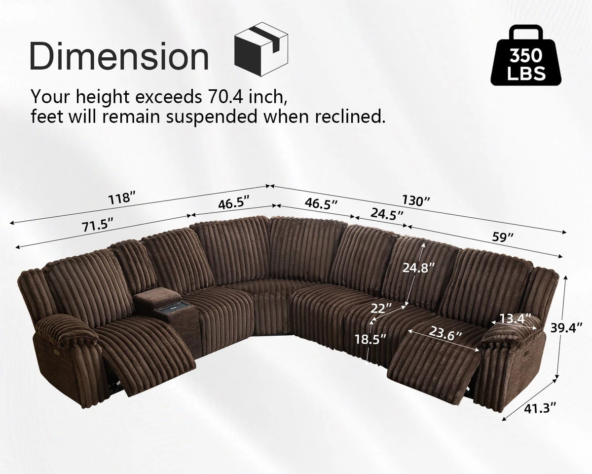Power Reclining Sectional Sofa with Wireless Charger. 6 - Seater Faux Fur Sectional with Recliners. Hidden Cup Holders. Storage Console. USB & Type - C Ports. Black