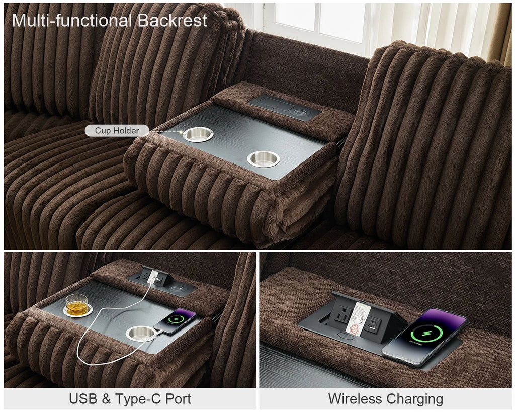 Power Reclining Sectional Sofa with Wireless Charger. 6 - Seater Faux Fur Sectional with Recliners. Hidden Cup Holders. Storage Console. USB & Type - C Ports. Black