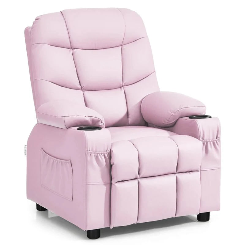 Kids Recliner Chair PU Leather Adjustable Lounge Sofa with Cup Holder. 3 Pockets & Retractable Footrest. Ergonomic Toddler Furniture Sofa