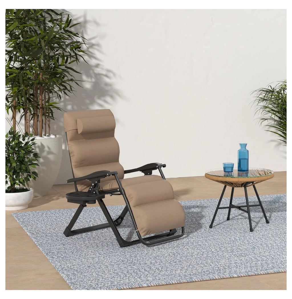 Oversized Chair. Folding Outdoor Patio Recliner. XL Anti Gravity Lounger W/Removable Cushion. Cup Holder. Side Tray. 350 lb Capacity - Taupe