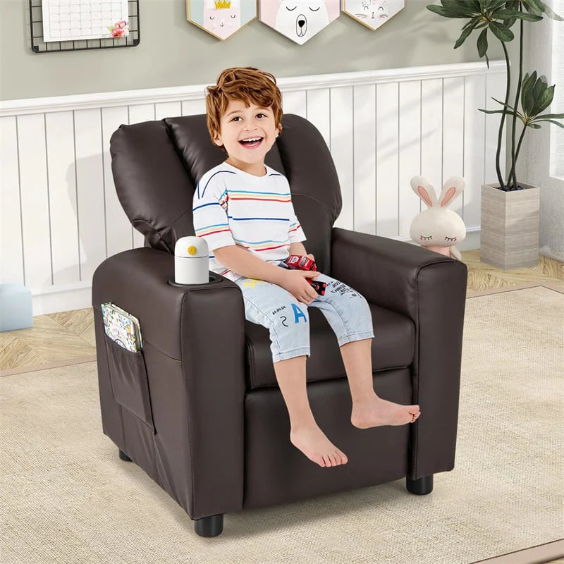 Kids Recliner Chair with Cup Holder & Side Pocket. Adjustable Toddler Lounge Sofa. Ergonomic Children Armchairs for Boys Girls Age 3+. 150lbs