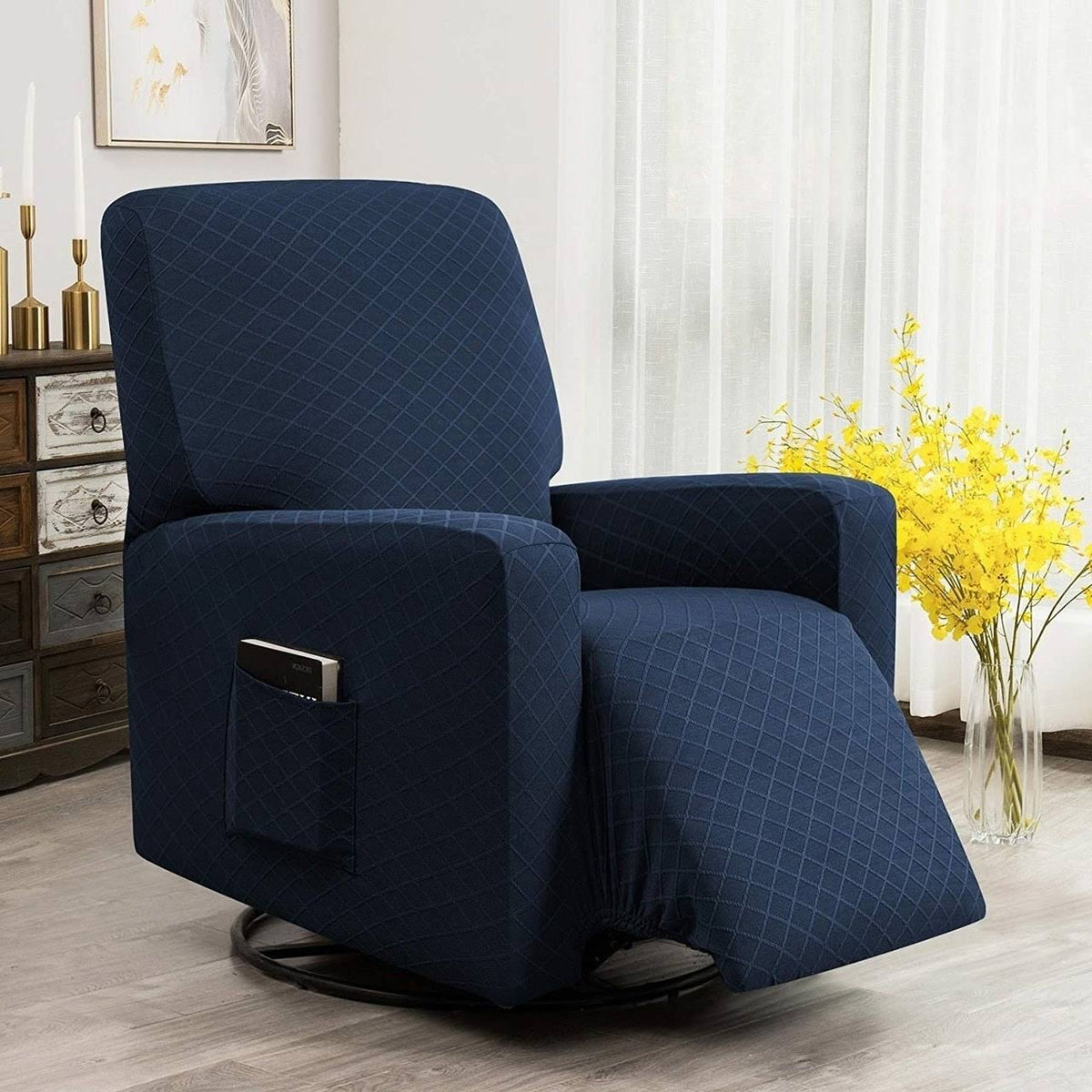 Enova Home Ultra Soft Rhombus Stretch Fabric Recliner Slipcover with Elastic Bottom Side Pocket - Dark Blue