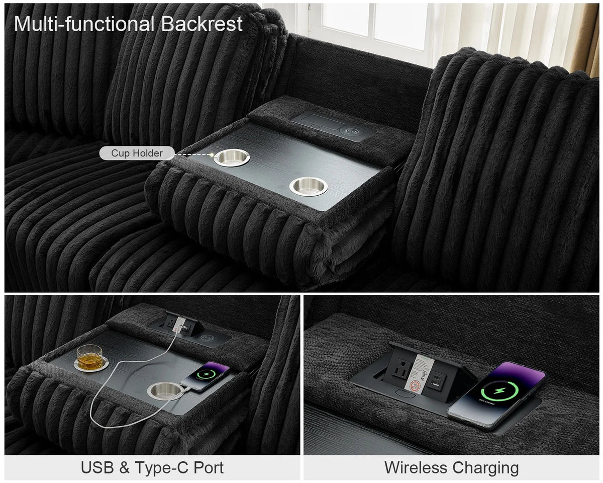 Power Reclining Sectional Sofa with Wireless Charger. 6 - Seater Faux Fur Sectional with Recliners. Hidden Cup Holders. Storage Console. USB & Type - C Ports. Black