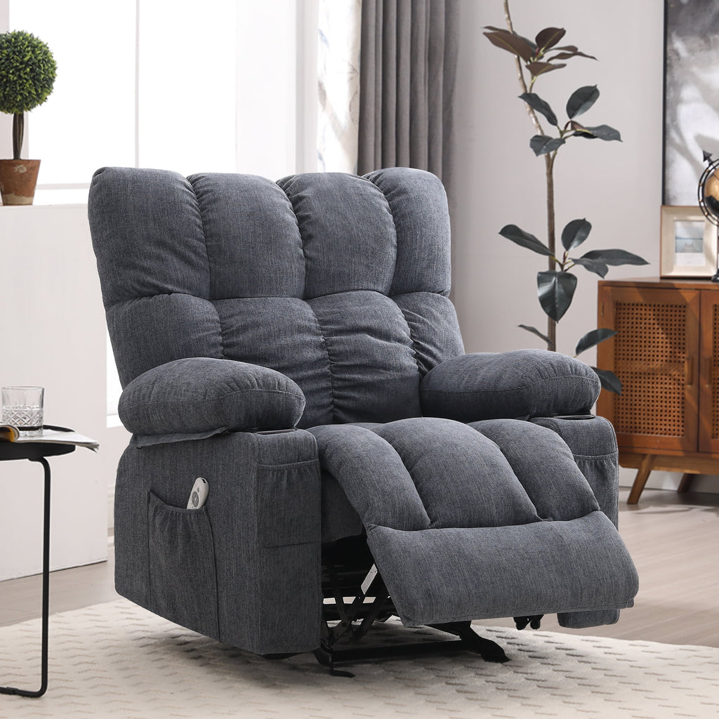 JONPONY Manual Recliner Chair with Heat Therapy and Massage Function. Heavy Duty Reclining Mechanism Massage Chair. Elderly Single Rocker Sofa with Cup Holders for Bedroom Home Theater. Grey