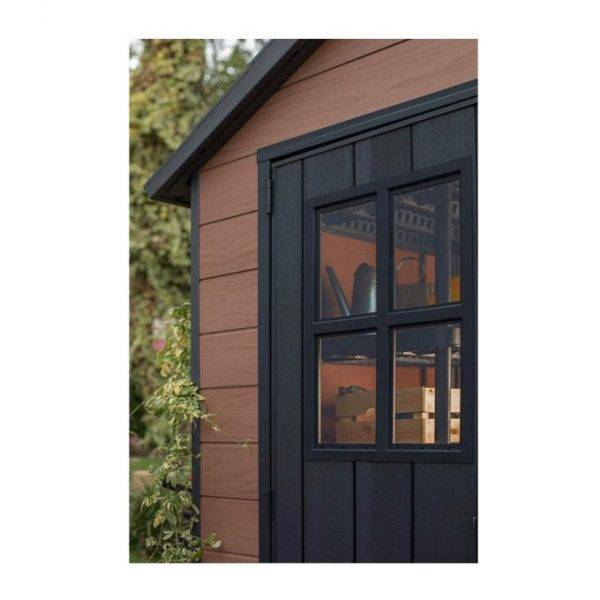 7.5×7 Large Resin Outdoor Storage Shed Kit – Perfect to Store Patio Furniture. Garden Tools. Bike Accessories. and Lawn Mower. Mahogany Brown