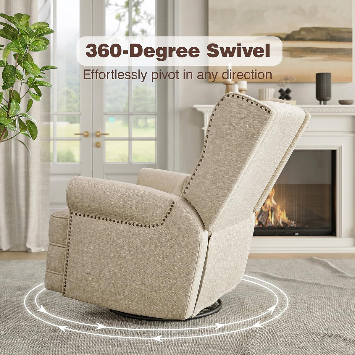 Royalcraft Swivel Nursery Glider Recliner. Comfy Upholstered Glider Chair with Lumbar Pillow and Footrest. Beige