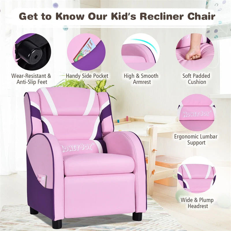 Kids Recliner Chair. Adjustable PU Leather Gaming Sofa with Footrest. Lumbar Support & Side Pockets. Ergonomic Children Lounge Armchair