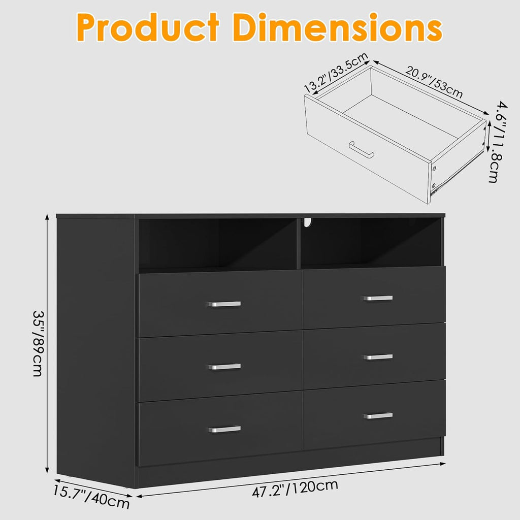 Bigbiglife Wood Dresser for Bedroom. 6 Drawer Double Dresser. Modern Chest of Drawers with Deep Drawers. Large Storage Organizer for Living Room. Closet
