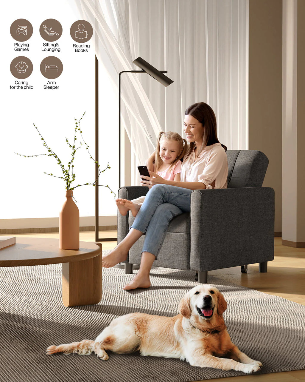 Lofka Chair Bed. Convertible Sofa Bed Couch Recliner Single Bed for Living Room/Office/Bedroom. Light Gray