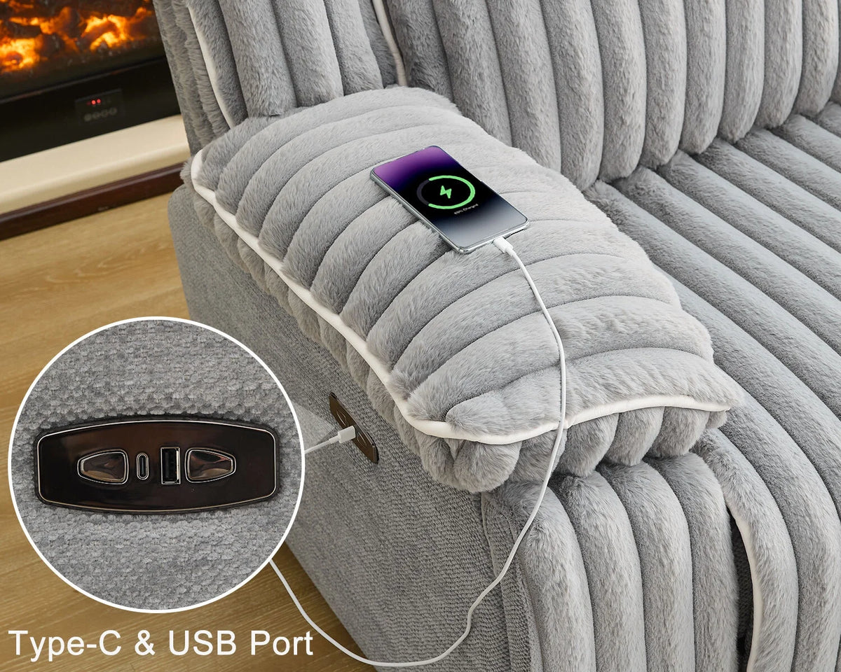 Power Reclining Sectional Sofa with Wireless Charger. 6 - Seater Faux Fur Sectional with Recliners. Hidden Cup Holders. Storage Console. USB & Type - C Ports. Black