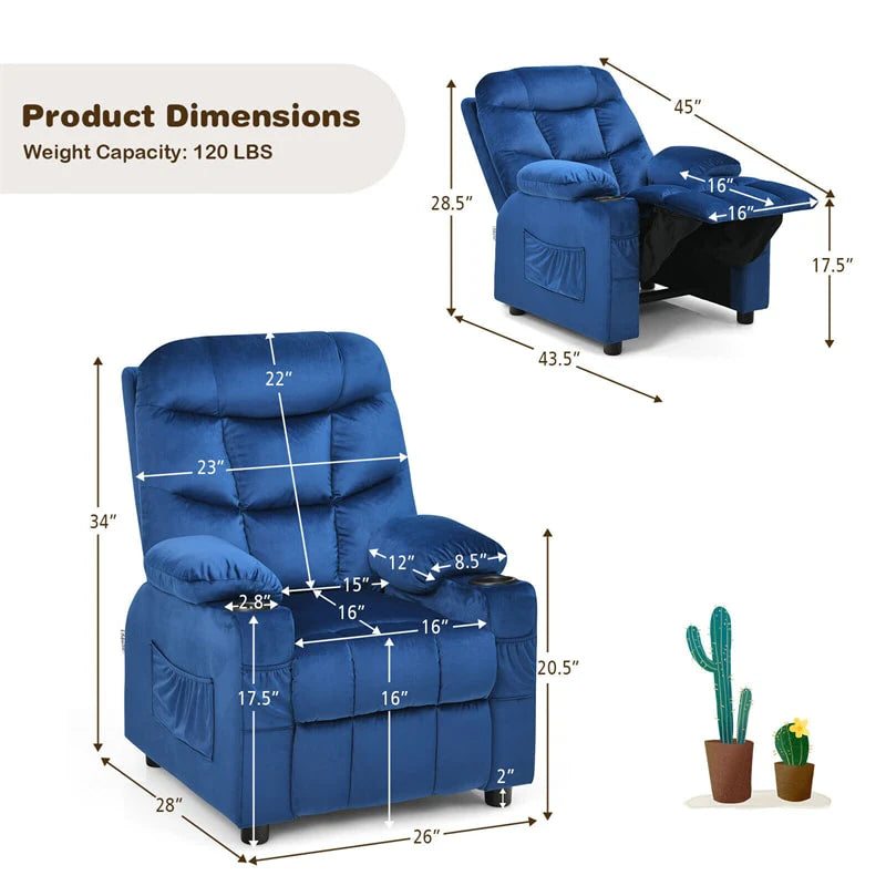 Kids Recliner Chair Adjustable Velvet Lounge Sofa with Cup Holders. 3 Pockets. Retractable Footrest. Toddler Furniture Sofa for Boys Girls Room