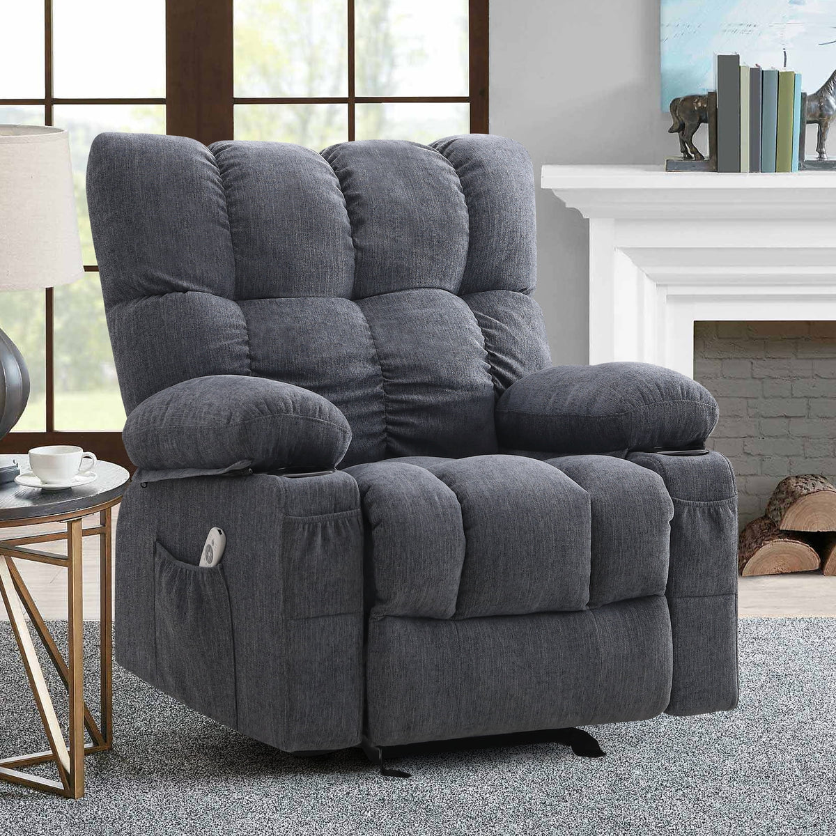 JONPONY Manual Recliner Chair with Heat Therapy and Massage Function. Heavy Duty Reclining Mechanism Massage Chair. Elderly Single Rocker Sofa with Cup Holders for Bedroom Home Theater. Grey