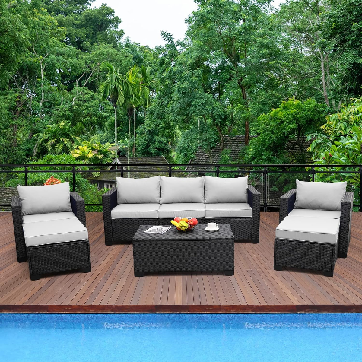 Rattaner Patio Furniture Set 6 Pieces Couch Outdoor Chairs Coffee Table Peacock Blue Anti-Slip Cushions and Waterproof Covers
