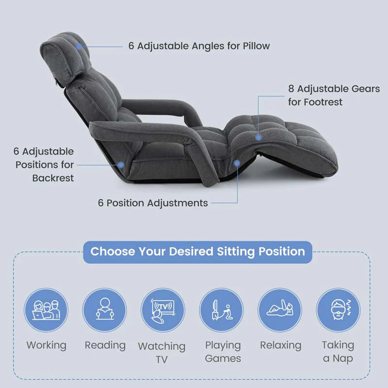 6-Position Adjustable Floor Sofa Bed. Folding Lazy Sofa Chaise Lounger Recliner with Armrests & Footrests for Living Room. Bedroom & Gaming
