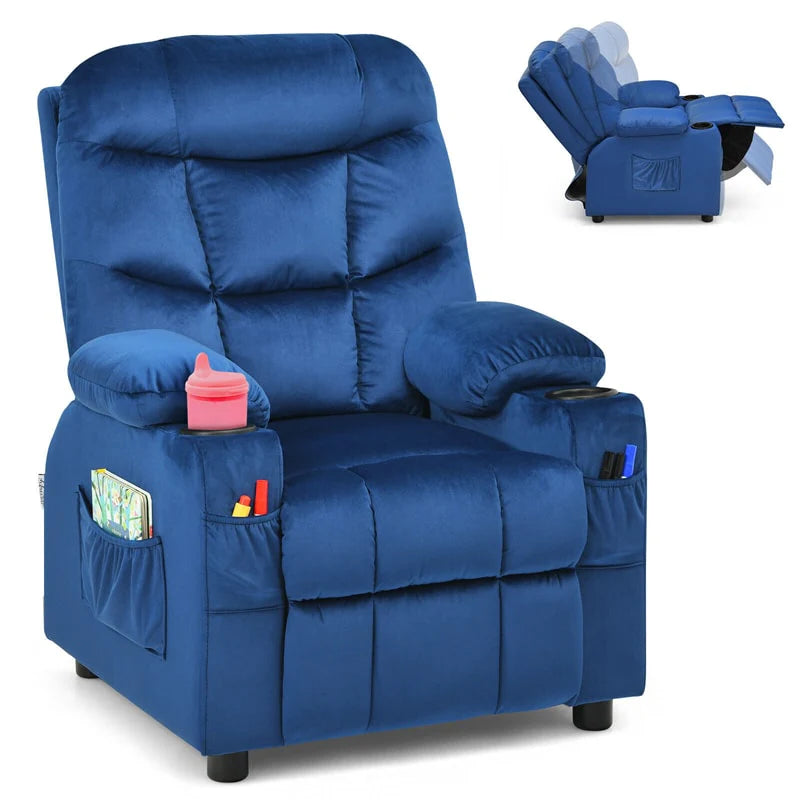 Kids Recliner Chair Adjustable Velvet Lounge Sofa with Cup Holders. 3 Pockets. Retractable Footrest. Toddler Furniture Sofa for Boys Girls Room