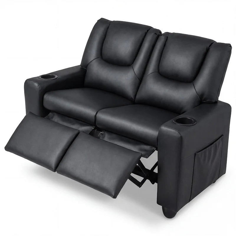 2-Seater Kids Recliner. PU Leather Reclining Loveseat with Cup Holders & 2 Side Storage Pockets. Adjustable Double Toddler Sofa for Boys Girls
