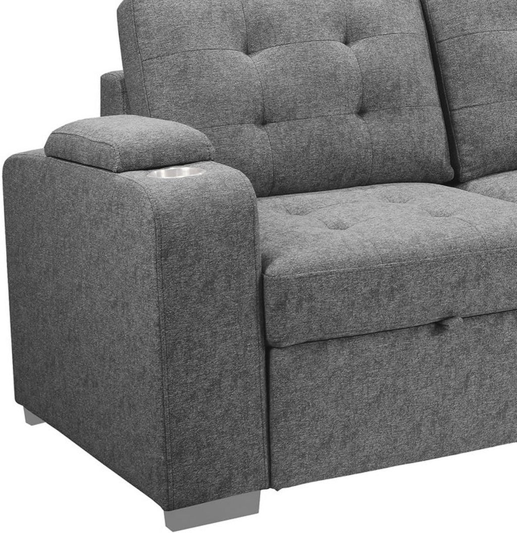 Benjara 120 Inch Sleeper Sectional Sofa Bed with Storage. Modern Tufted Gray Fabric