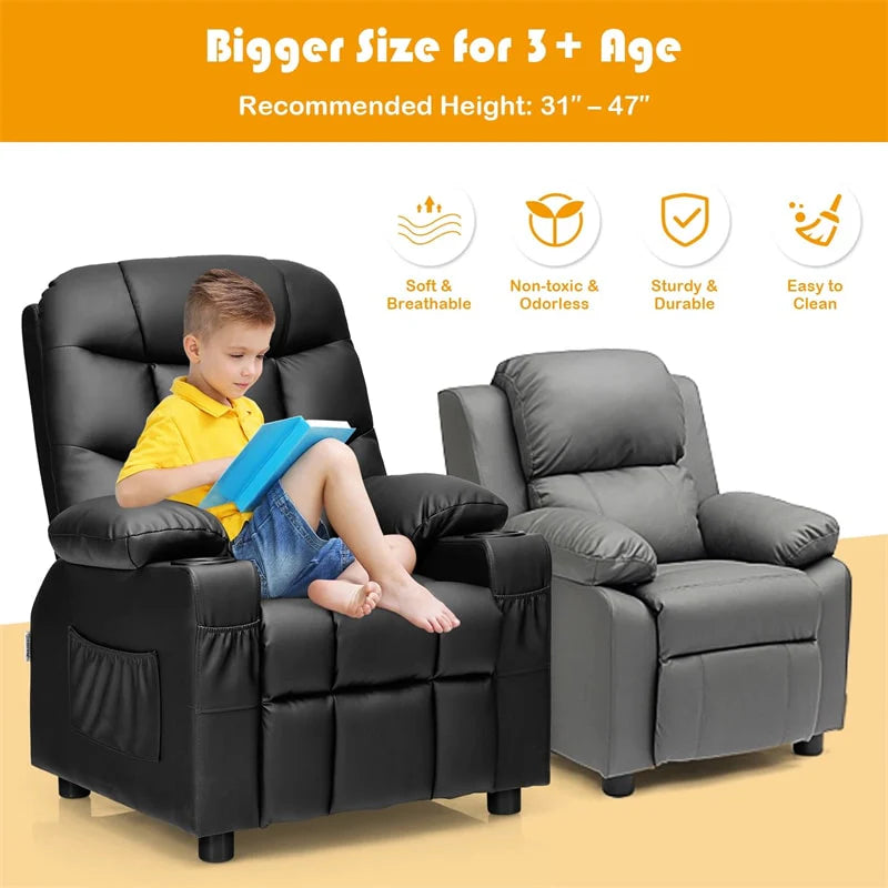Kids Recliner Chair PU Leather Adjustable Lounge Sofa with Cup Holder. 3 Pockets & Retractable Footrest. Ergonomic Toddler Furniture Sofa