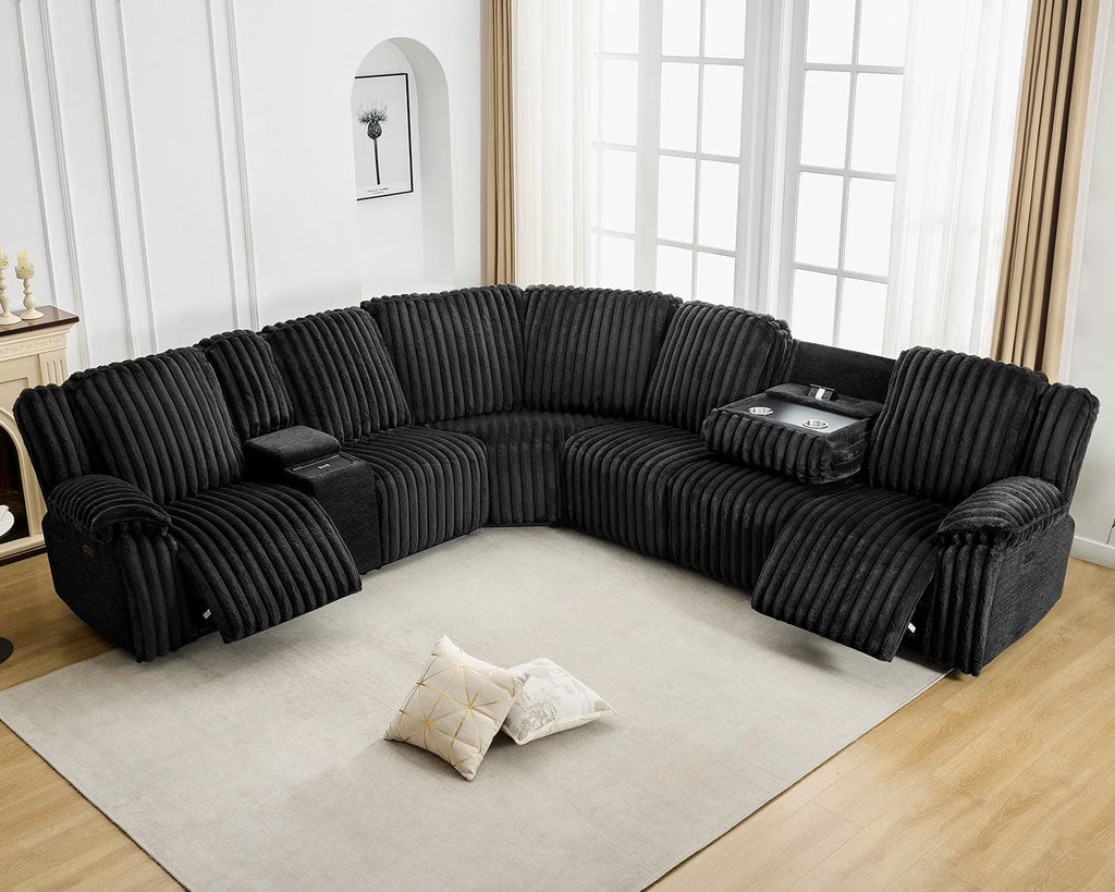 Power Reclining Sectional Sofa with Wireless Charger. 6 - Seater Faux Fur Sectional with Recliners. Hidden Cup Holders. Storage Console. USB & Type - C Ports. Black