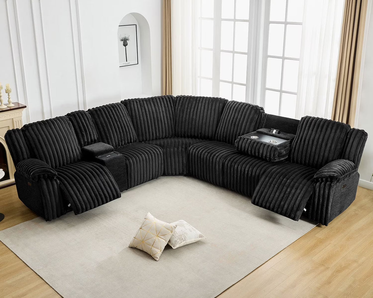 Power Reclining Sectional Sofa with Wireless Charger. 6 - Seater Faux Fur Sectional with Recliners. Hidden Cup Holders. Storage Console. USB & Type - C Ports. Black