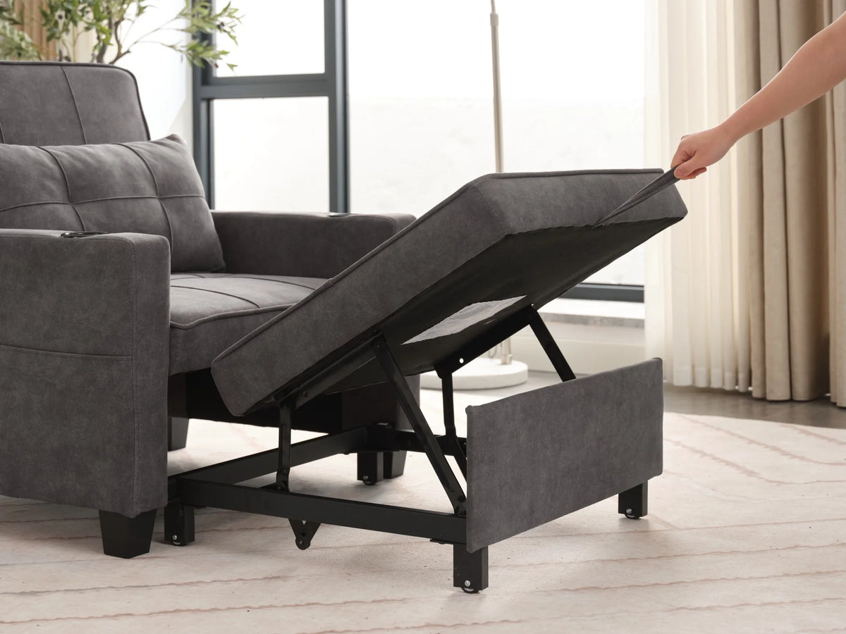 Convertible Futon Sofa Bed. 3 - in - 1 Multi - Functional Sleeper Chair Bed with USB Ports. Adjustable Backrest Recliner. for Living Room Bedroom Small Space. Tech Cloth. Dark Grey