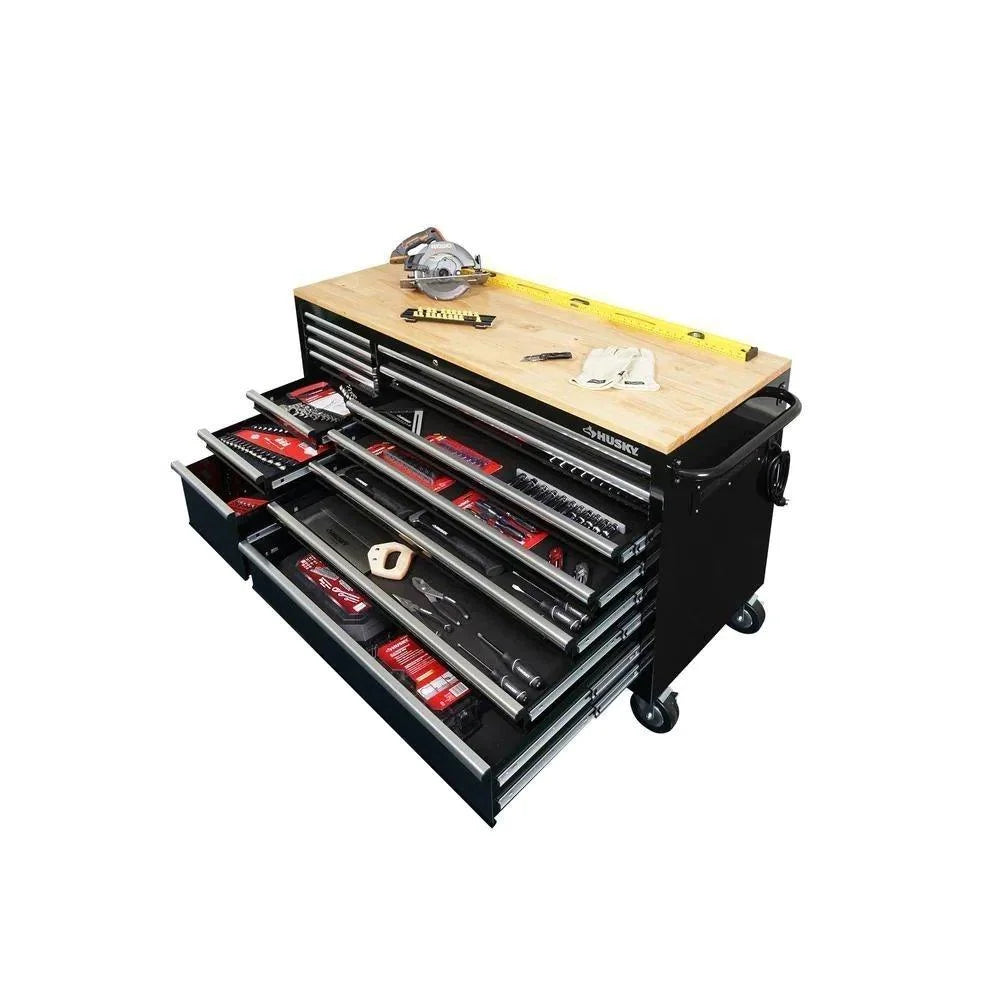 62 in. 14-Drawer Mobile Workbench with Solid Wood Top. Black
