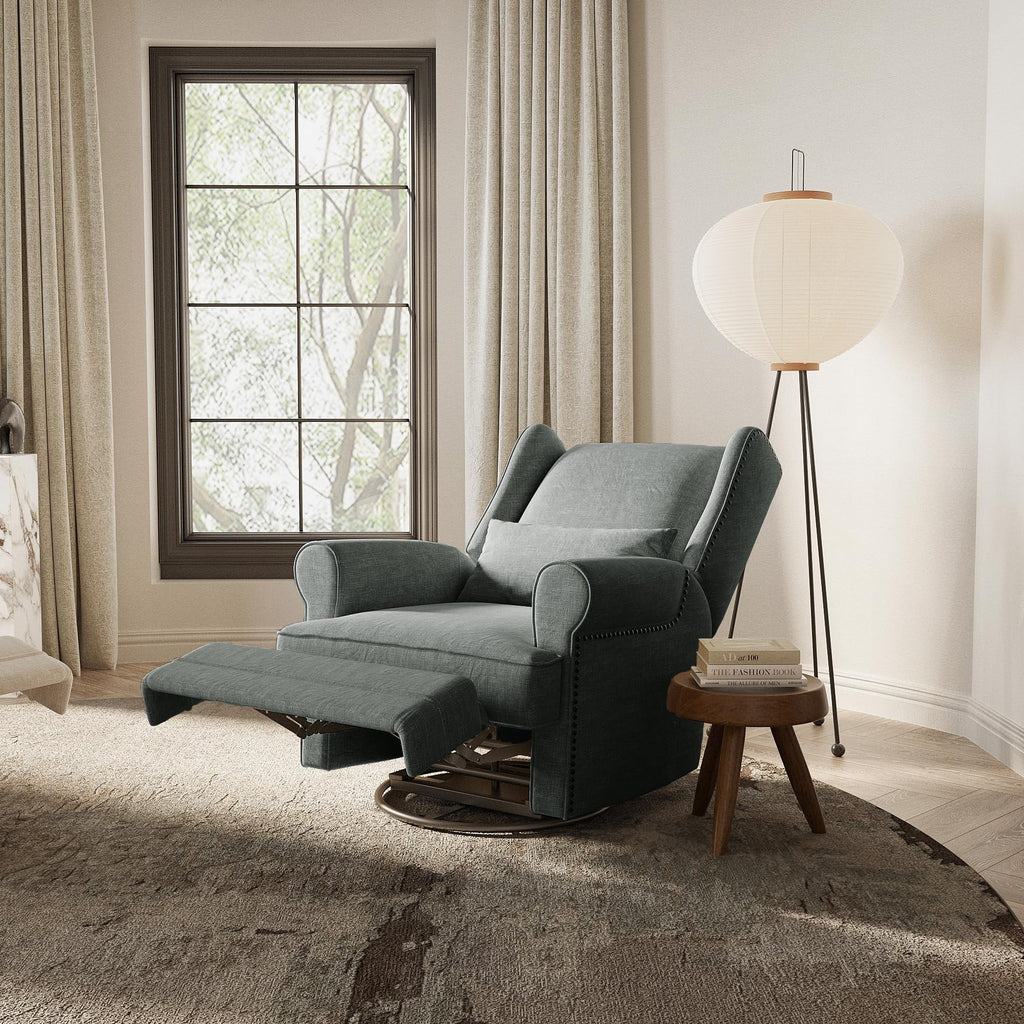Royalcraft Swivel Nursery Glider Recliner. Comfy Upholstered Glider Chair with Lumbar Pillow and Footrest. Beige