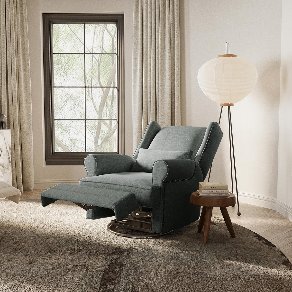 Royalcraft Swivel Nursery Glider Recliner. Comfy Upholstered Glider Chair with Lumbar Pillow and Footrest. Beige
