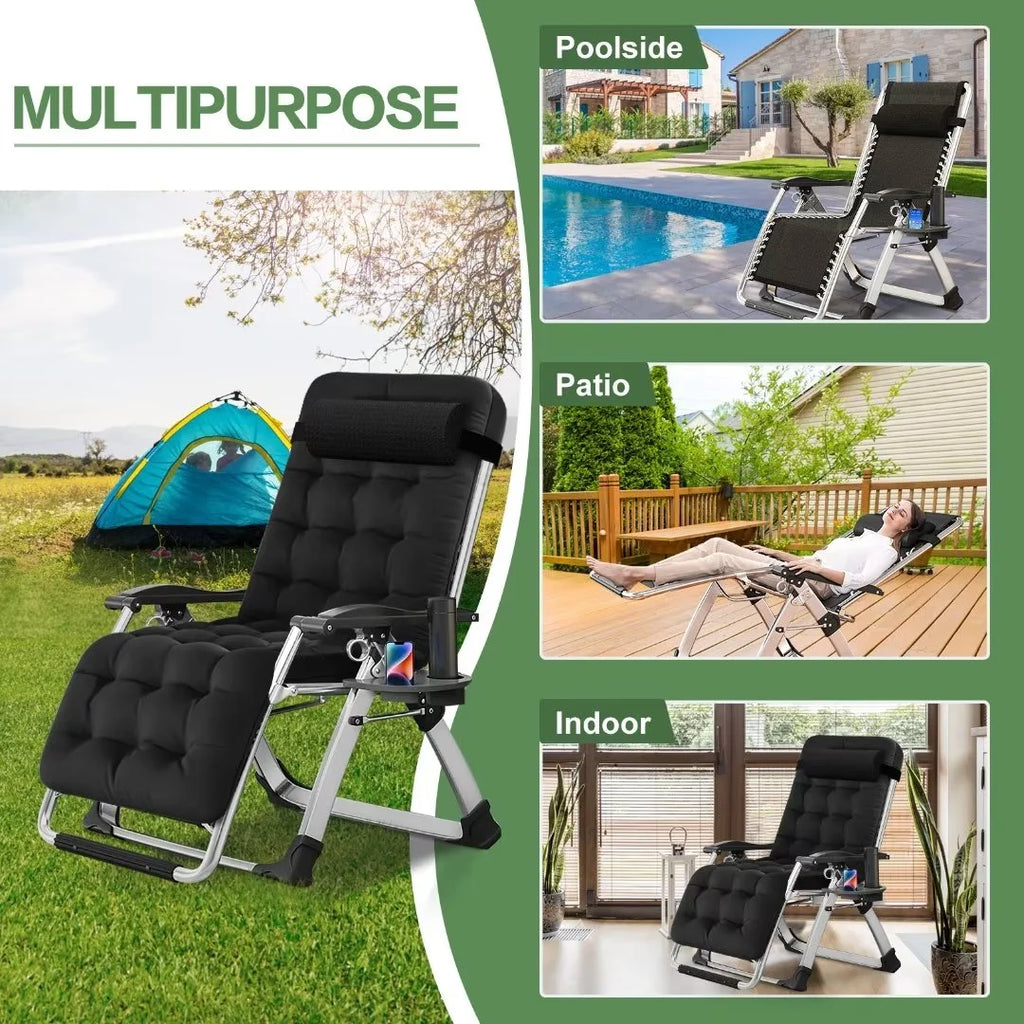 NAIZEA 2 Pack Zero Gravity Chair. Foldable Portable Lawn Recliner with Cushion. Headrest. Cup Holder. Black