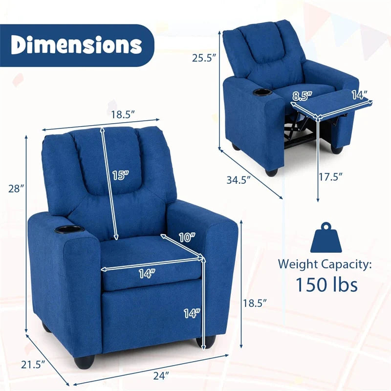 Kids Recliner Chair with Cup Holder & Side Pocket. Adjustable Toddler Lounge Sofa. Ergonomic Children Armchairs for Boys Girls Age 3+. 150lbs