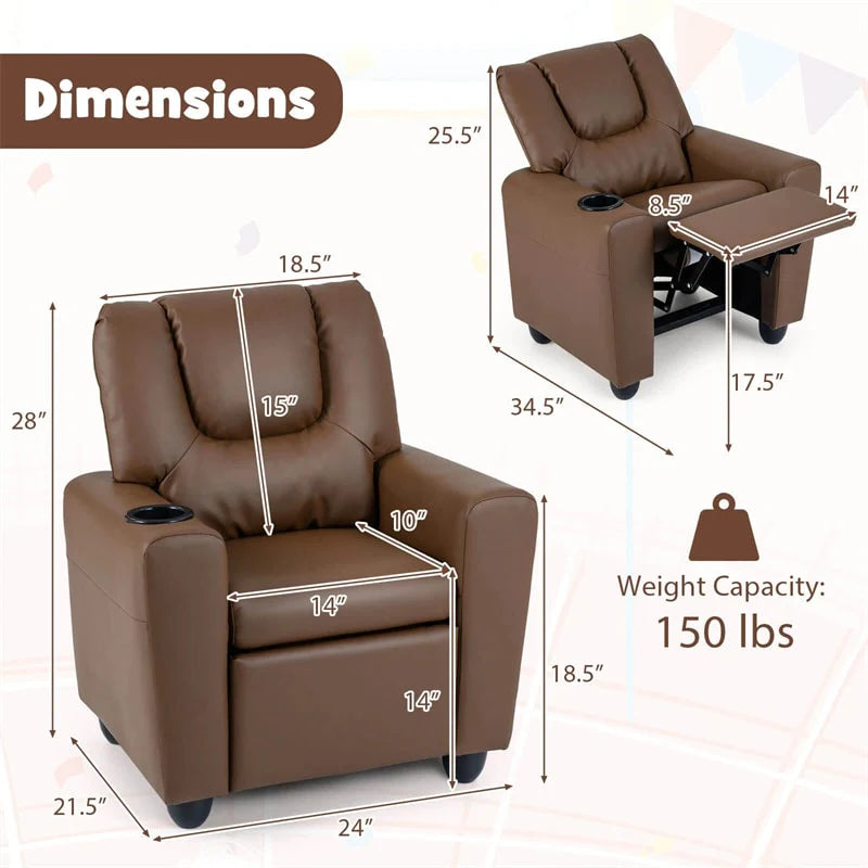 Kids Recliner Chair with Cup Holder & Side Pocket. Adjustable Toddler Lounge Sofa. Ergonomic Children Armchairs for Boys Girls Age 3+. 150lbs