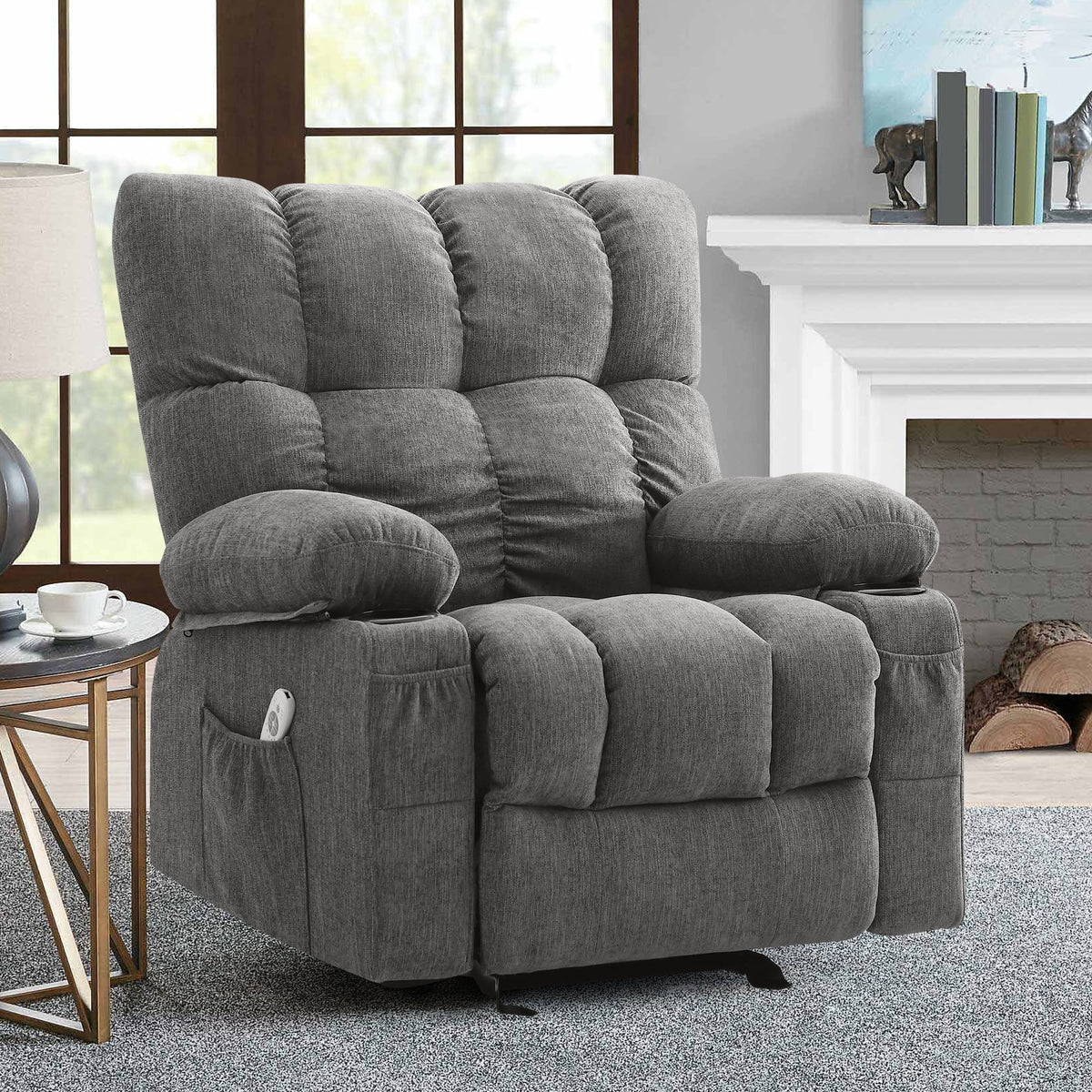 JONPONY Manual Recliner Chair with Heat Therapy and Massage Function. Heavy Duty Reclining Mechanism Massage Chair. Elderly Single Rocker Sofa with Cup Holders for Bedroom Home Theater. Grey