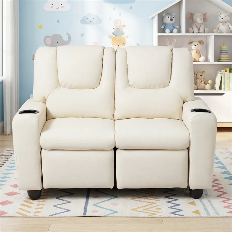 2-Seater Kids Recliner. PU Leather Reclining Loveseat with Cup Holders & 2 Side Storage Pockets. Adjustable Double Toddler Sofa for Boys Girls