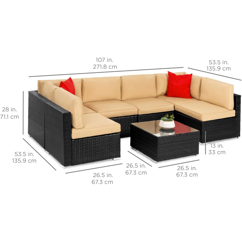 7-Piece Modular Outdoor Sectional Wicker Patio Conversation Set w/ 2 Pillows. Coffee Table