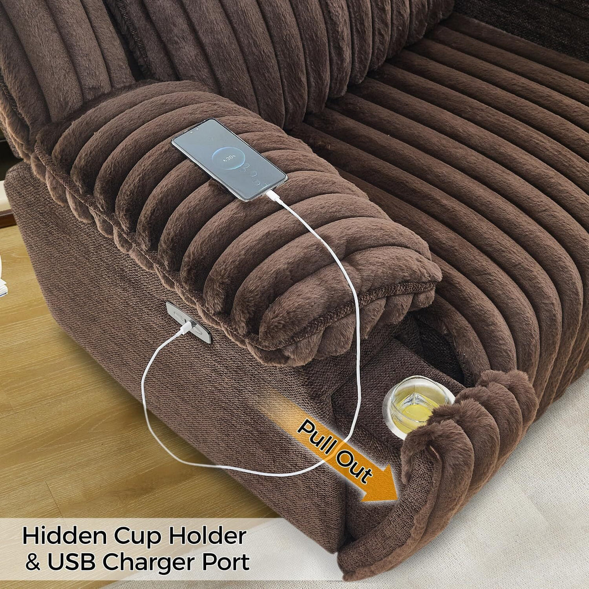 Power Reclining Sectional Sofa with Wireless Charger. 6 - Seater Faux Fur Sectional with Recliners. Hidden Cup Holders. Storage Console. USB & Type - C Ports. Black