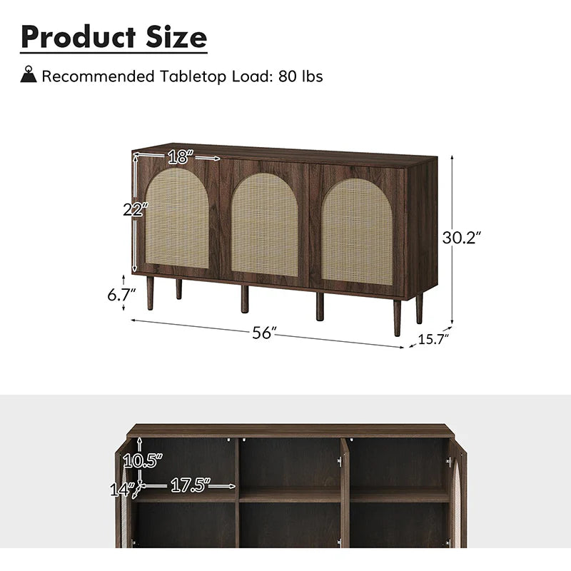 Posey 56 Wide Wood and Rattan Kacie Modern Sideboard