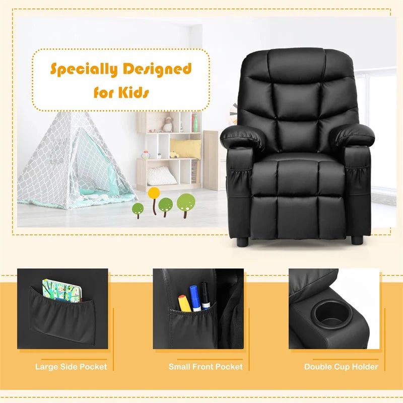 Kids Recliner Chair PU Leather Adjustable Lounge Sofa with Cup Holder. 3 Pockets & Retractable Footrest. Ergonomic Toddler Furniture Sofa