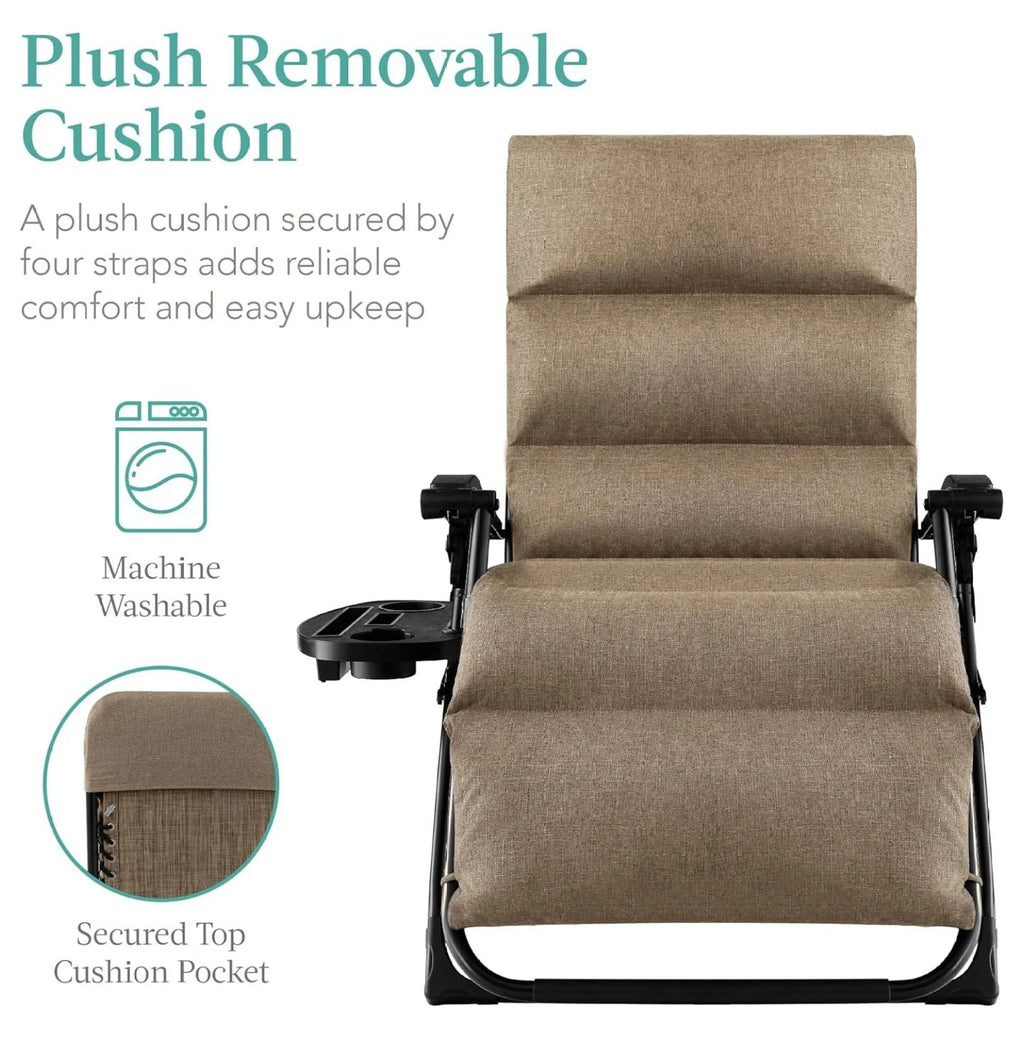 Oversized Chair. Folding Outdoor Patio Recliner. XL Anti Gravity Lounger W/Removable Cushion. Cup Holder. Side Tray. 350 lb Capacity - Taupe