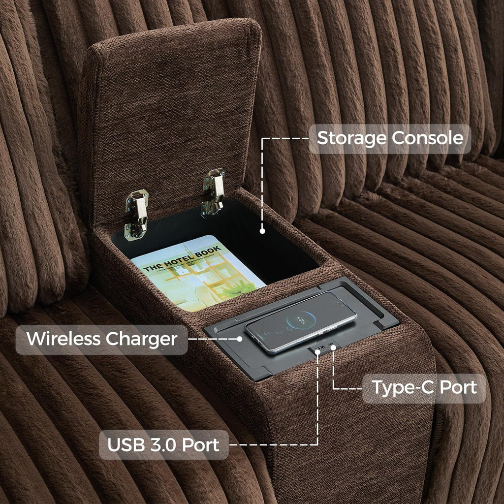 Power Reclining Sectional Sofa with Wireless Charger. 6 - Seater Faux Fur Sectional with Recliners. Hidden Cup Holders. Storage Console. USB & Type - C Ports. Black