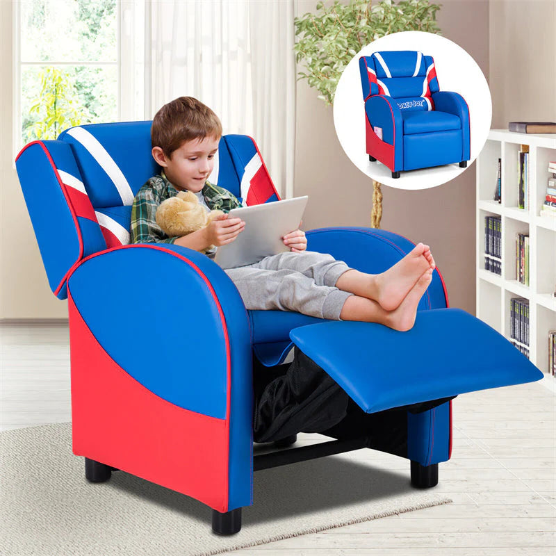 Kids Recliner Chair. Adjustable PU Leather Gaming Sofa with Footrest. Lumbar Support & Side Pockets. Ergonomic Children Lounge Armchair
