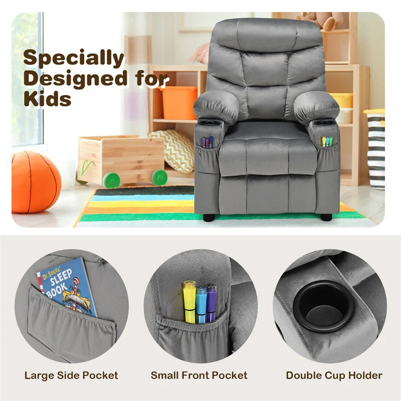 Kids Recliner Chair Adjustable Velvet Lounge Sofa with Cup Holders. 3 Pockets. Retractable Footrest. Toddler Furniture Sofa for Boys Girls Room