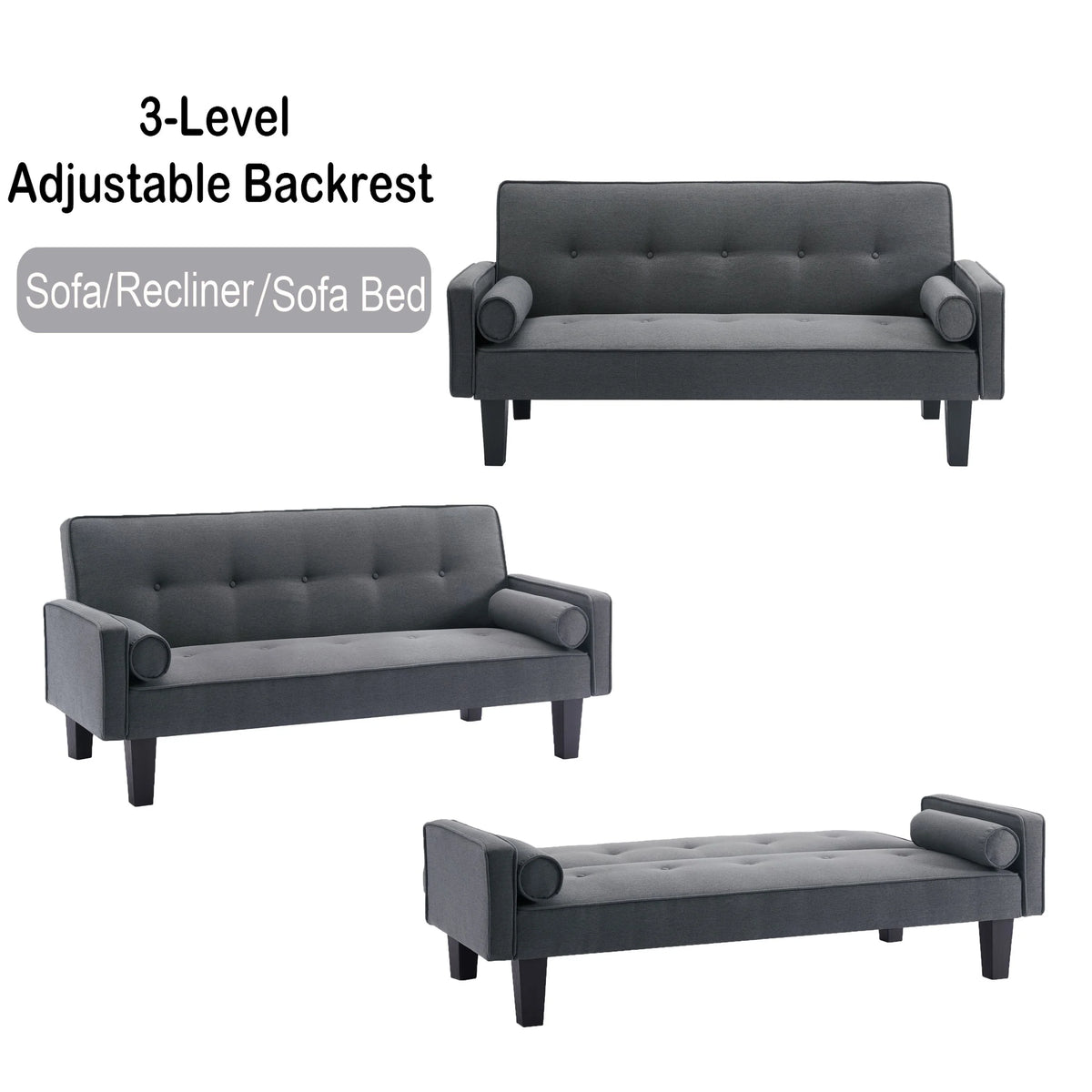 72 Convertible Loveseat Sofa Bed Sleeper Daybed. Modern Upholstered Folding Recliner. Small Futon Sofa for Living Room Apartment Office. Gray 02